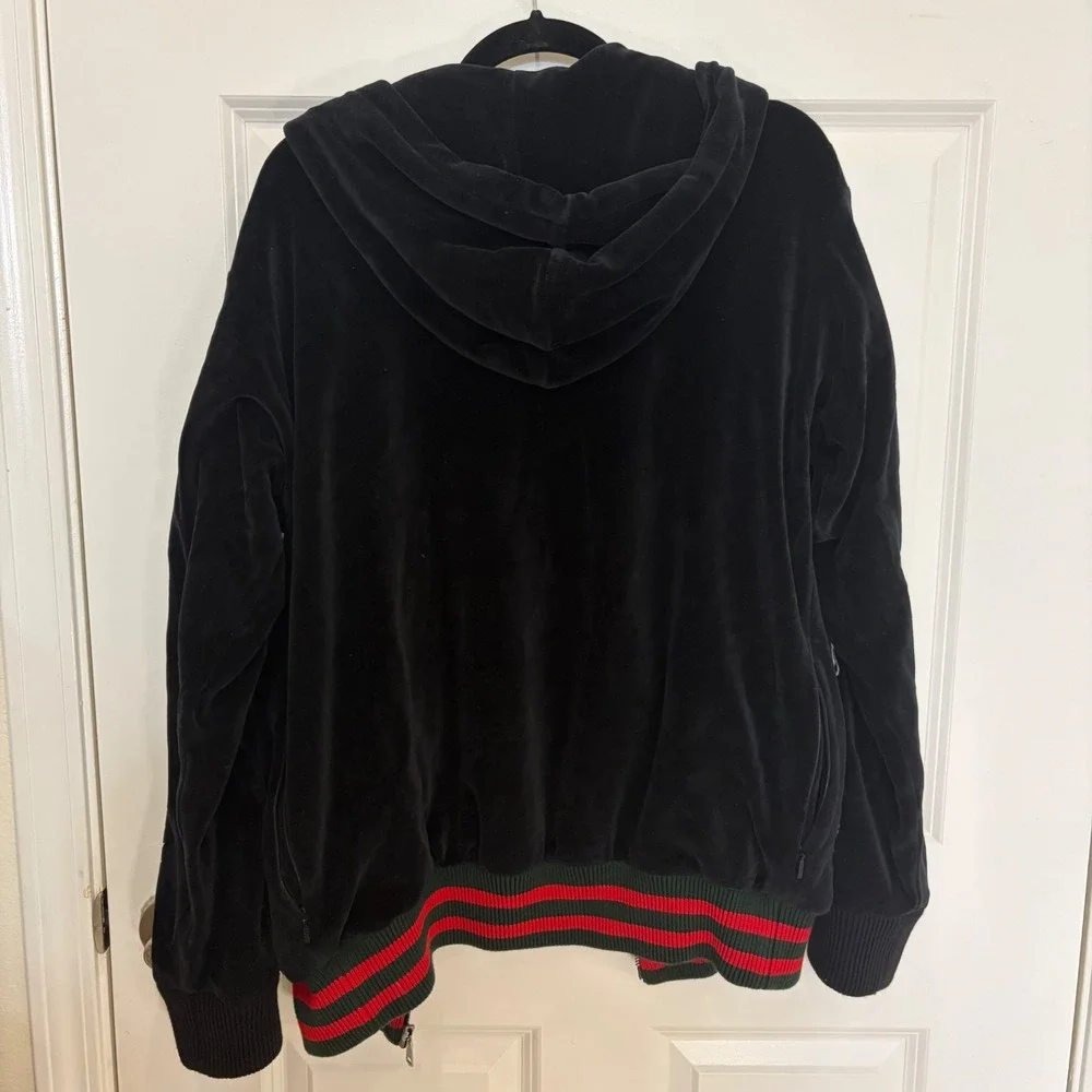 Gucci Black Velvet Dragon Embroidered Web Stripe Zip Up Hoodie Mens Large